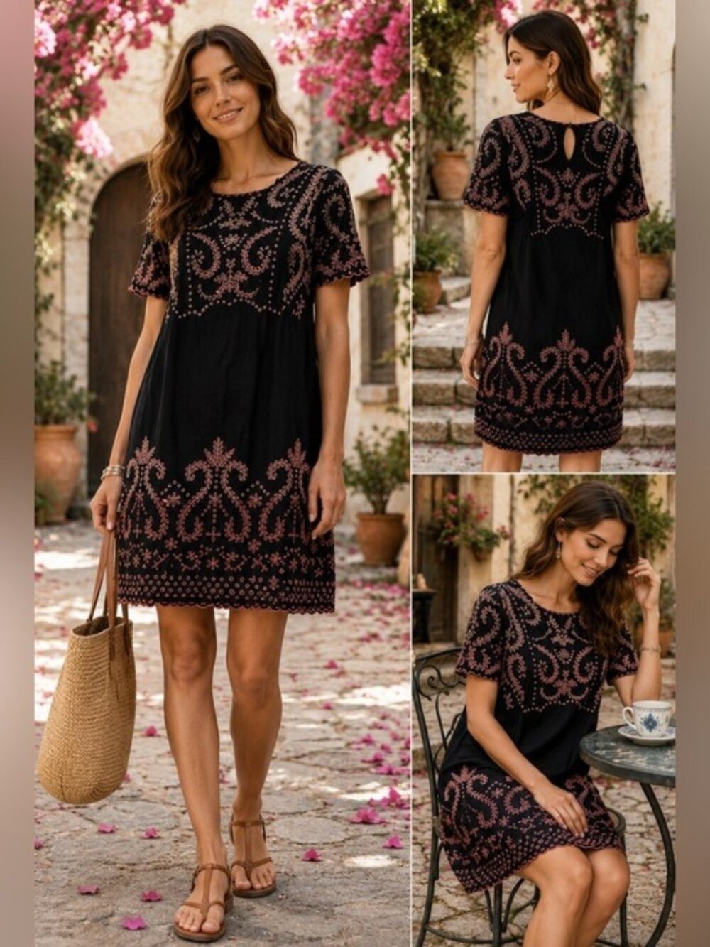 Sundance Black Pink Embroidered  Dress Sz 4 Boho Romantic Cottagecore Fairycore